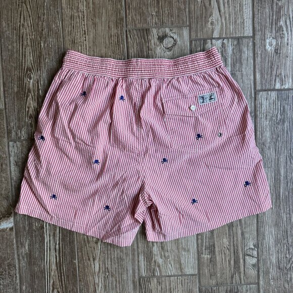 Polo Ralph Lauren Mens Seersucker Pinstripe Skull Embroidered Swim Shorts M Red - Picture 7 of 8